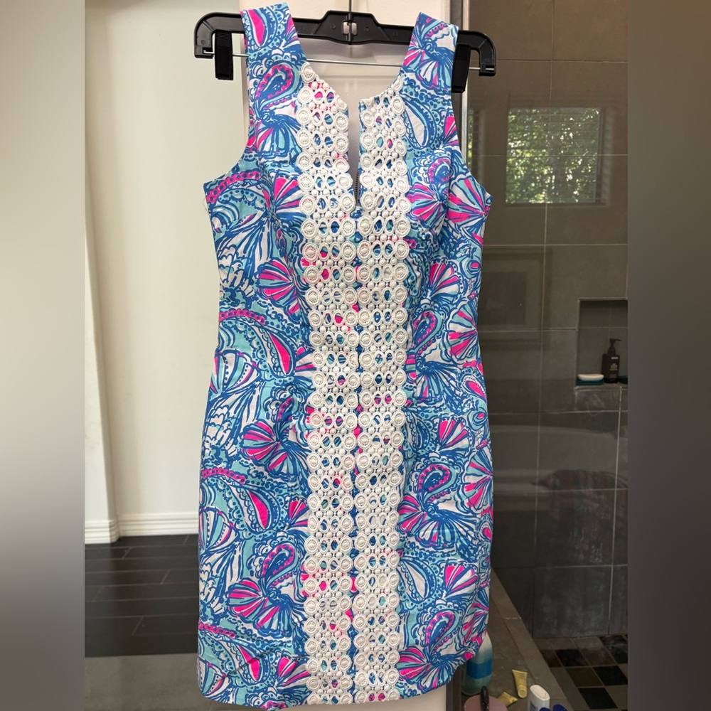 Lilly Pulitzer Blue, Pink & White Sleeveless Lace-Trim Sheath Dress